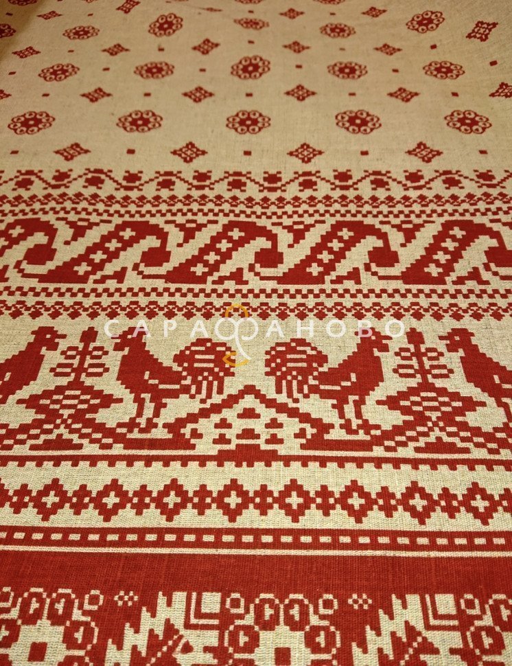 Ткань Полулён п/варёный 150 см. рис ВЫШИВКА ( Петушки на крыше) № 1026 На отрез, фото 1