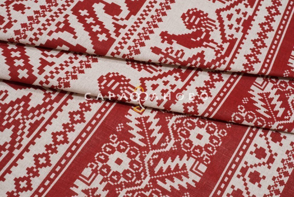 Ткань Полулён п/варёный 150 см 140 гр рис Вышивка (Петушки на крыше) 1026, фото 6