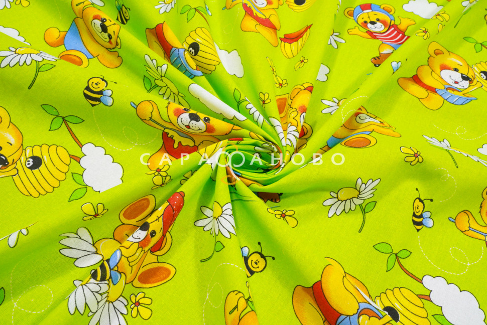 Ткань Бязь 150 см 120 гр рис. 5043-3 "Медовый мишка" зеленый На отрез, фото 8